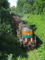 29.05.2009, przed Bajtkowem, TEM2-183 na popychu pociągu Pol-Miedź Trans Spółka z o.o. ze składem Eaos'ów ze żwirem