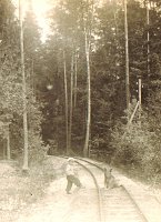 Maj 1941. Fragment torów leśnej kolejki pod Białymstokiem (Puszcza Knyszyńska), w pobliżu osady Mostek. Zdjęcie Jana Kaweckiego