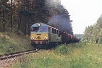 22.07.2000, na wysokości dawnej bocznicy kolejowej przed stacją Stare Juchy, km 119,4 linii. SU46-010 i 33 wagony poc. TNGS 1597 Białystok - Zajączkowo Tczewskie
